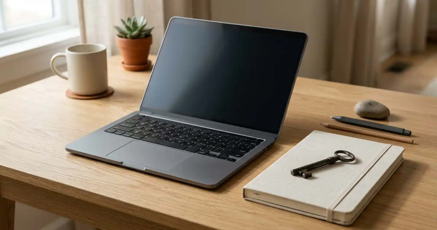 Unbranded laptop with a blank screen beside a closed notebook and a key on a wooden desk