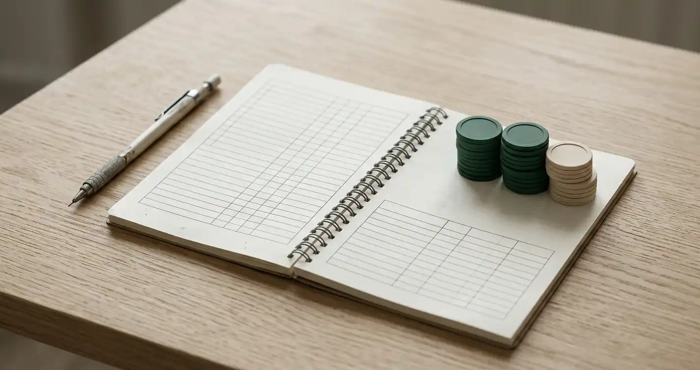 Notebook showing blank grids beside a calculator and unmarked counters on a desk