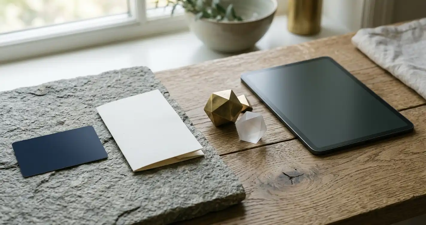 Neutral payment card, blank voucher and geometric digital tokens arranged near a tablet