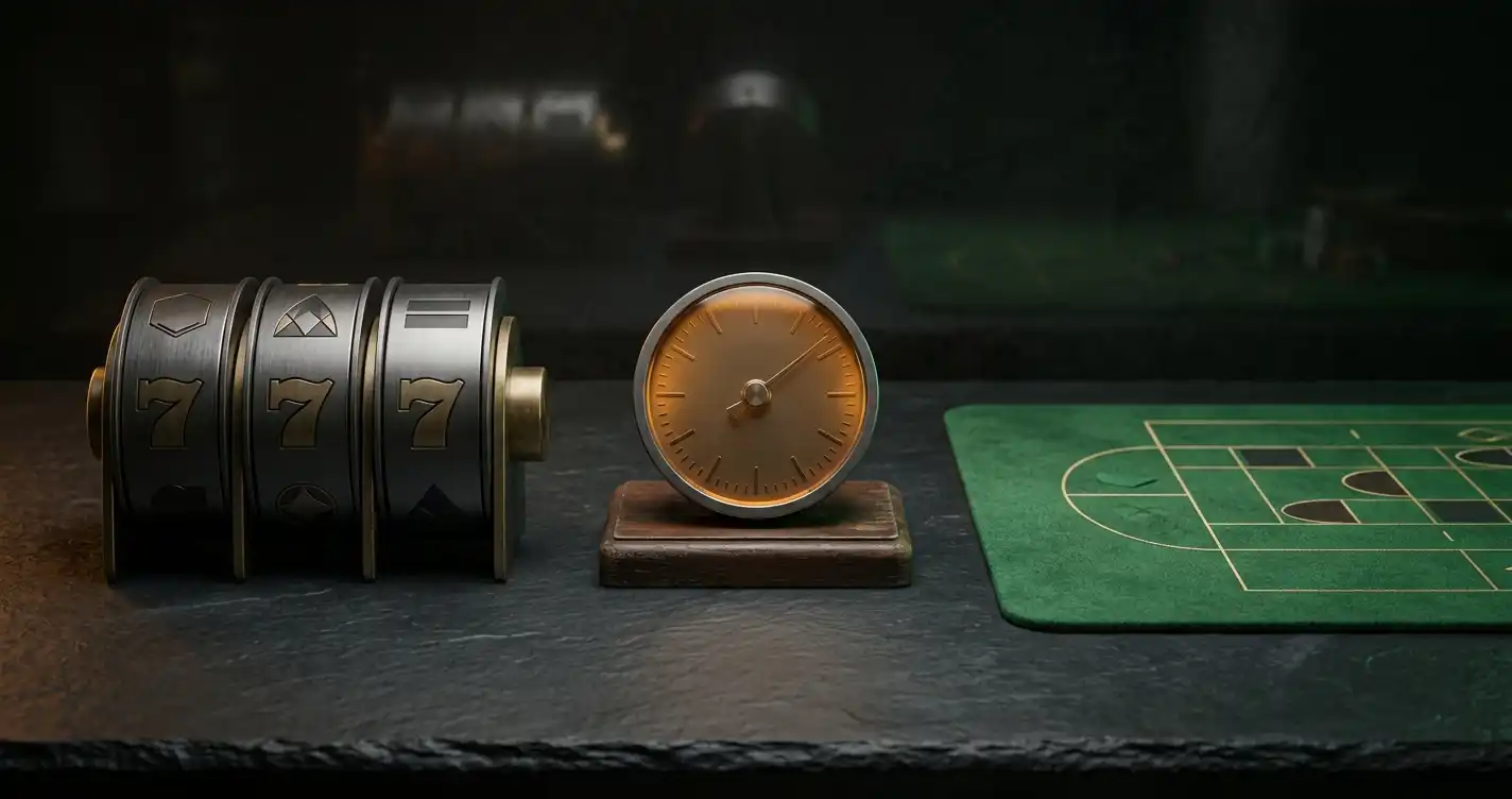 A group of neutral arcade reels, a game timer and a live-table layout on a dark tabletop