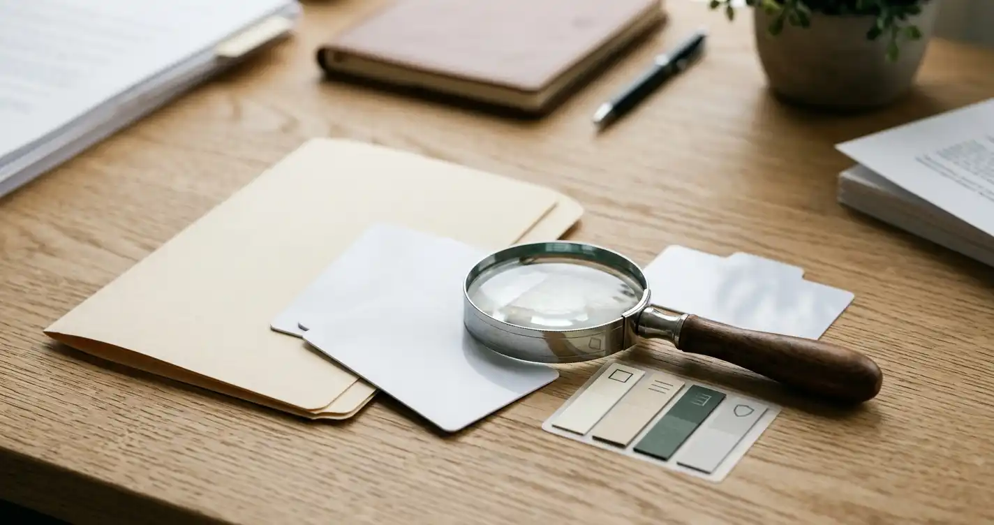 Abstract folder, magnifying glass and blank identity cards arranged on a desk
