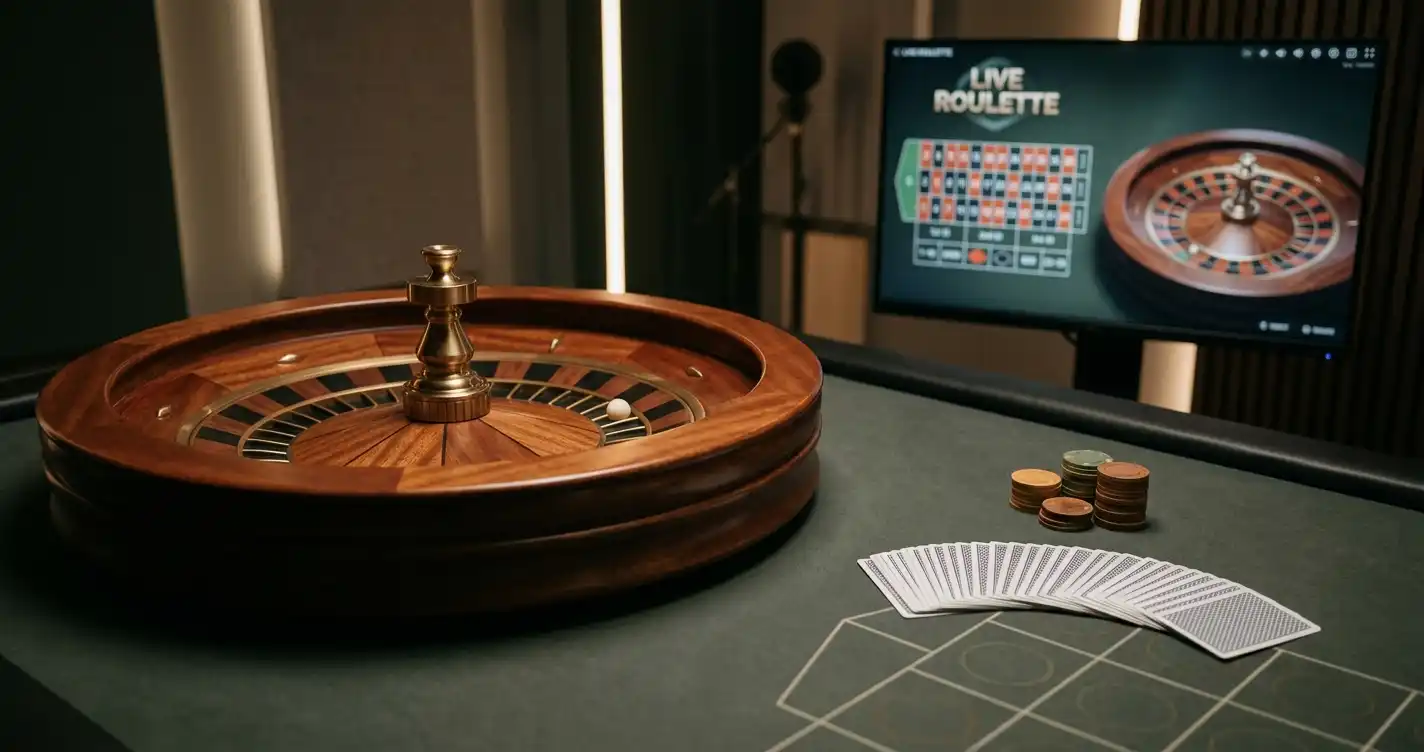 Dealer table with an unmarked roulette wheel and neatly arranged cards in soft studio light
