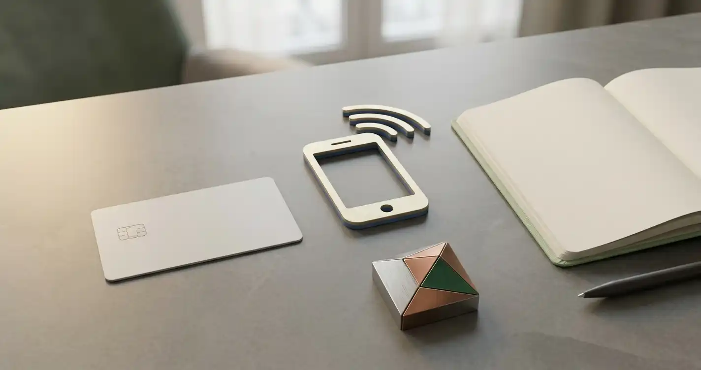 A bank card, a mobile wallet symbol and a digital-token motif arranged beside a notebook