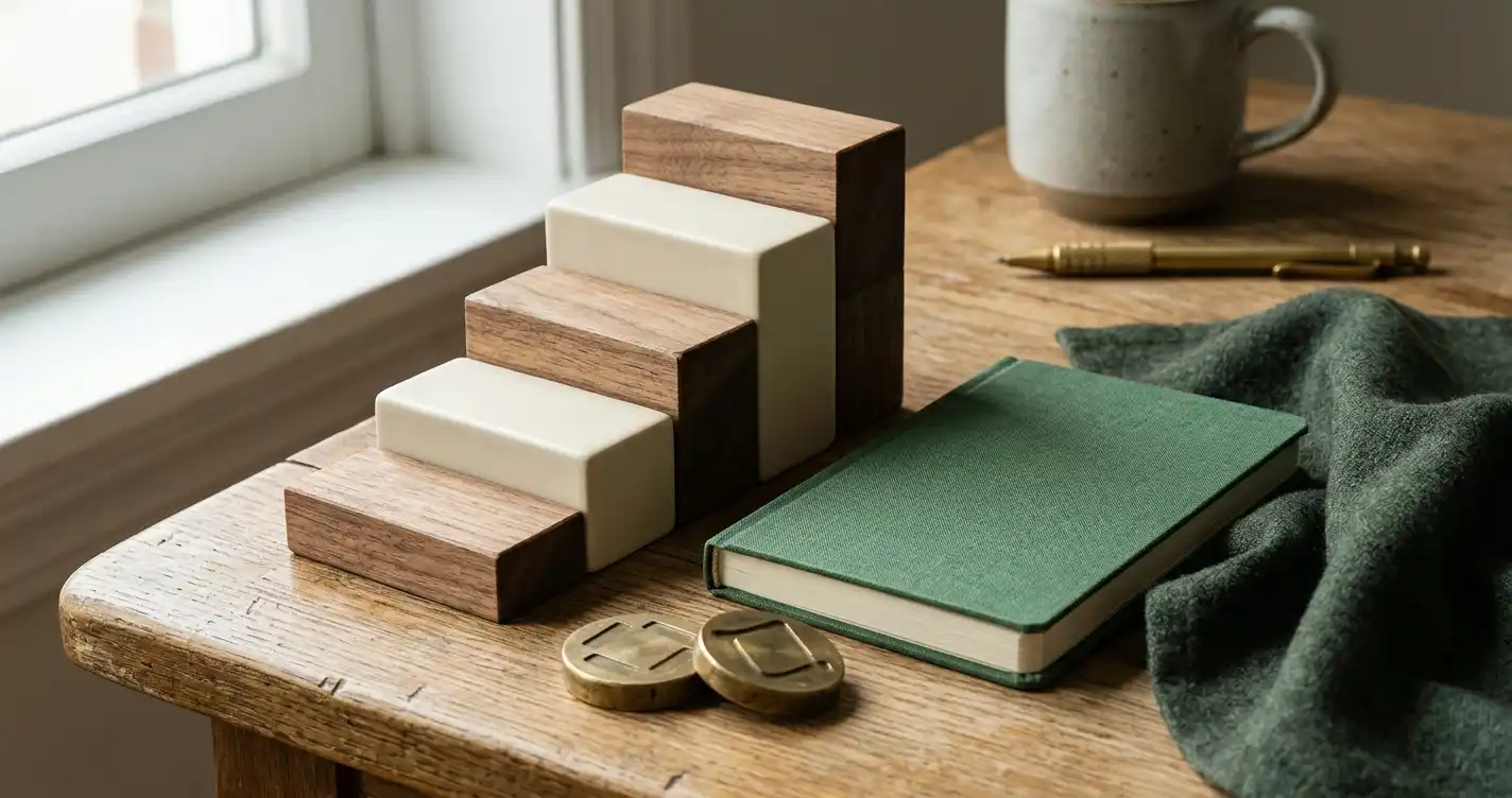Five ascending unbranded geometric steps beside a blank notebook and small number tiles